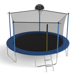 14 FT TRAMPOLINE INSIDE SAFETY NET WITH BASKETBALL HOOP (Color: Blue)